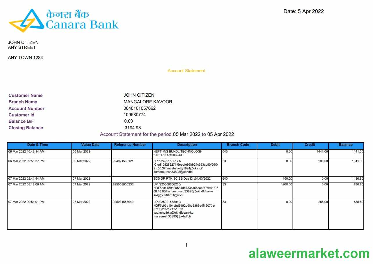 India Canara bank statement 5 pages